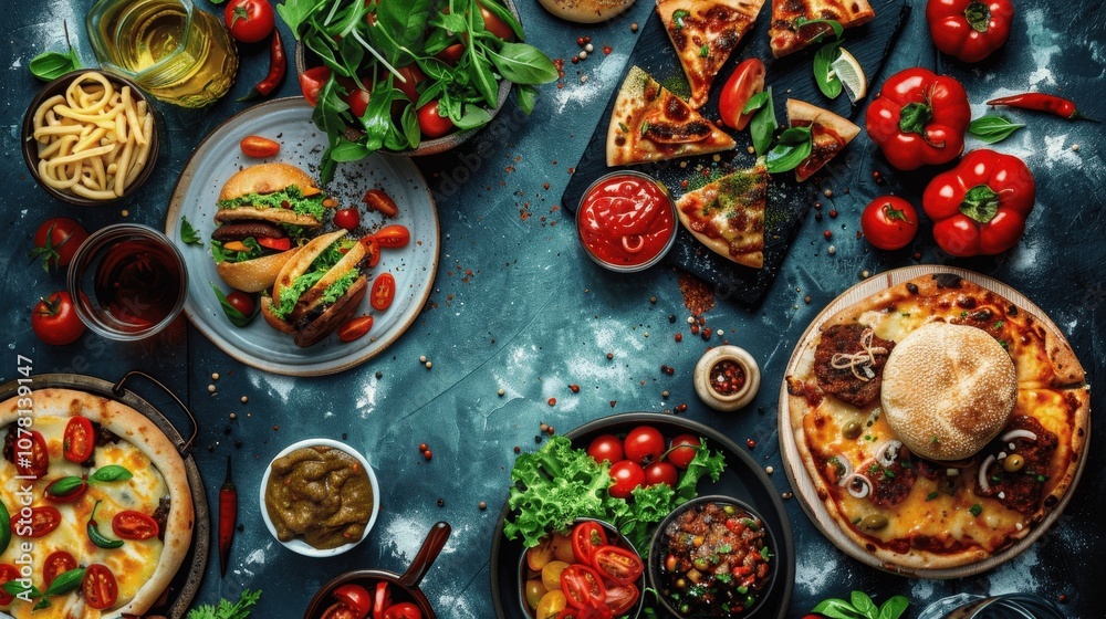 Delicious Variety of Healthy Food on a Rustic Table Delicious Variety of Healthy Food on a Rustic Table