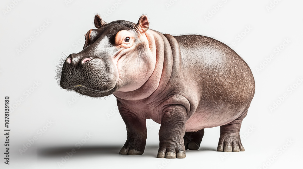 Close-up of a cute baby hippo standing on a neutral background, showcasing its wrinkled skin and round body. Close-up of a cute baby hippo standing on a neutral background, showcasing its wrinkled skin and round body.