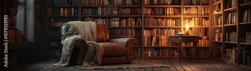 ** Cozy Vintage Library Interior with Leather Armchair and Warm Lighting in a Classic Book-Filled Room..**