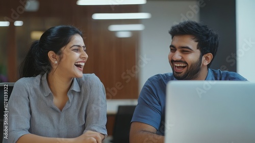 Laughing young Indian executives corporate workers teammates of diverse gender use computer app together enjoy conversation discuss funny work situation. Two colleagues friends having fun on workplace
