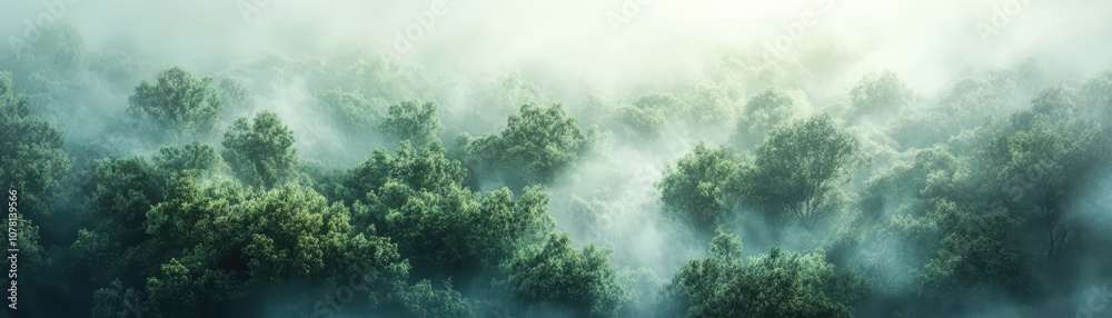 Lush Green Forest Canopy Shrouded in Mist Creating a Serene and Mystical Atmosphere in a Dense Woodland Landscape