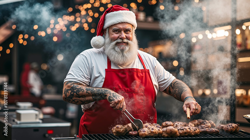 A man in a santa hat grilling meat on a grill #1078139744