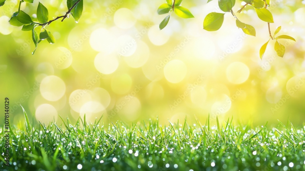 sharp focus on the dew on the grass after rain. Beautiful spring landscape in the background. Copy space. sharp focus on the dew on the grass after rain. Beautiful spring landscape in the background. Copy space.