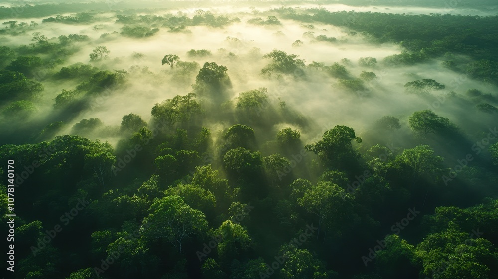 Aerial View of Lush Green Rainforest with Sunlight Streaming Through Morning Mist Creating a Serene and Mystical Atmosphere