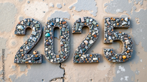 The number 2021 made out of stones on a concrete wall photo