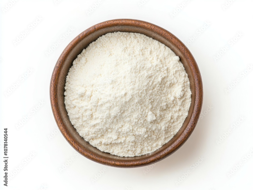 Top view of white powder in a bowl, isolated on a white background. Top view of white powder in a bowl, isolated on a white background.