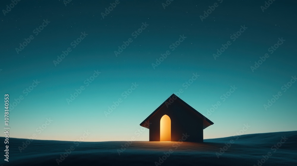 Serene Cabin Silhouette Against a Tranquil Night Sky with Empty Banner Serene Cabin Silhouette Against a Tranquil Night Sky with Empty Banner