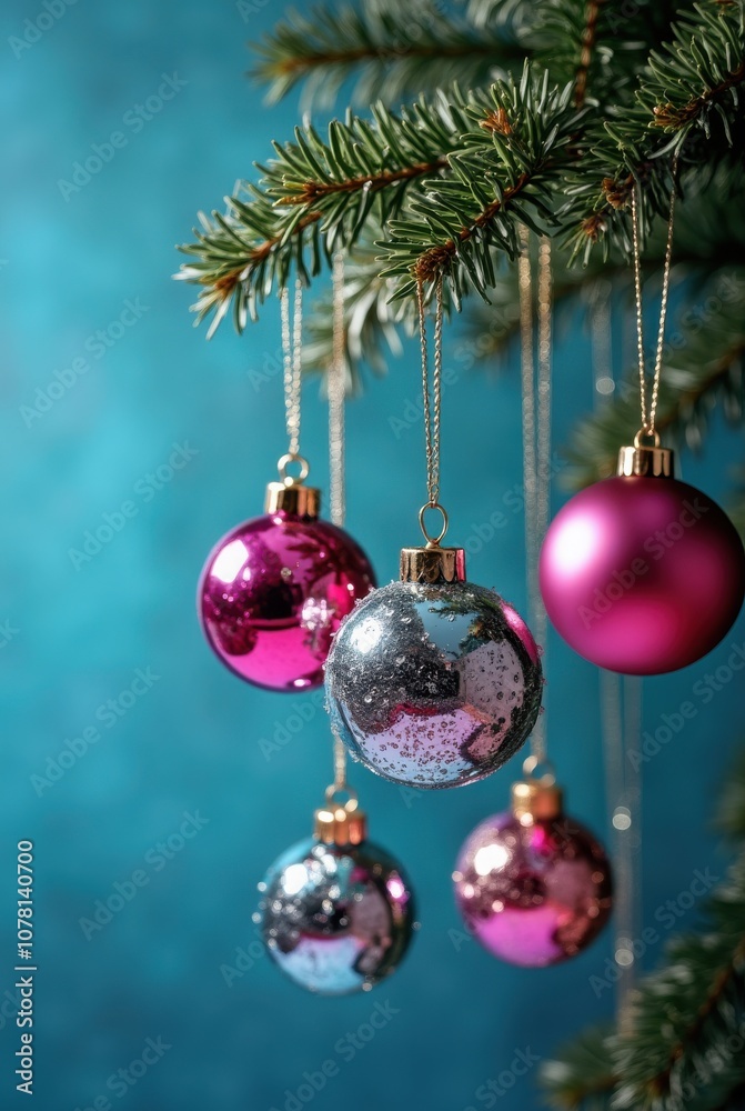 Christmas tree brunch with pink ornaments hanging from it, blue background with copy space Christmas tree brunch with pink ornaments hanging from it, blue background with copy space