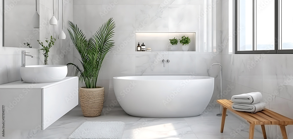 Fototapeta premium Create a luxurious sanitized bathroom oasis for ultimate relaxation and comfort
