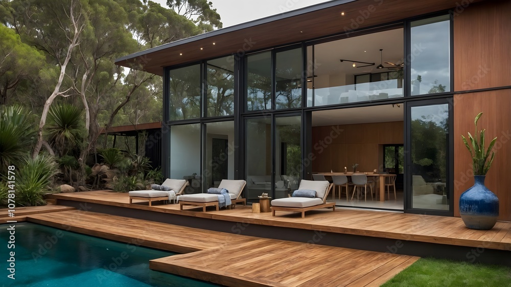 AI-generated modern house blending Spanish, and Australian styles with natural materials, serene backdrops, and varied lighting conditions AI-generated modern house blending Spanish, and Australian styles with natural materials, serene backdrops, and varied lighting conditions