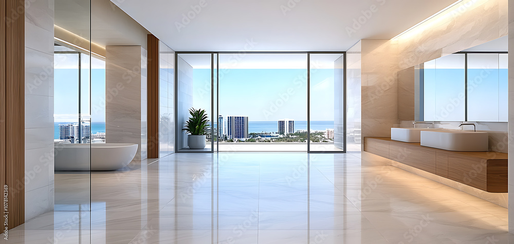 Fototapeta premium Transform your space with a luxurious sanitized bathroom experience overlooking scenic views