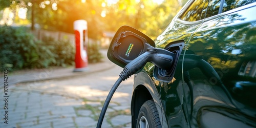 A green electric car plugged into a charging station. This represents the use of electric vehicles and renewable energy technologies.