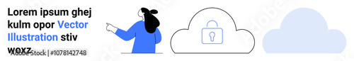 Person pointing at text with cloud storage icon featuring a lock and cloud graphic in the background. Ideal for data security, cloud computing, web services, network protection, information