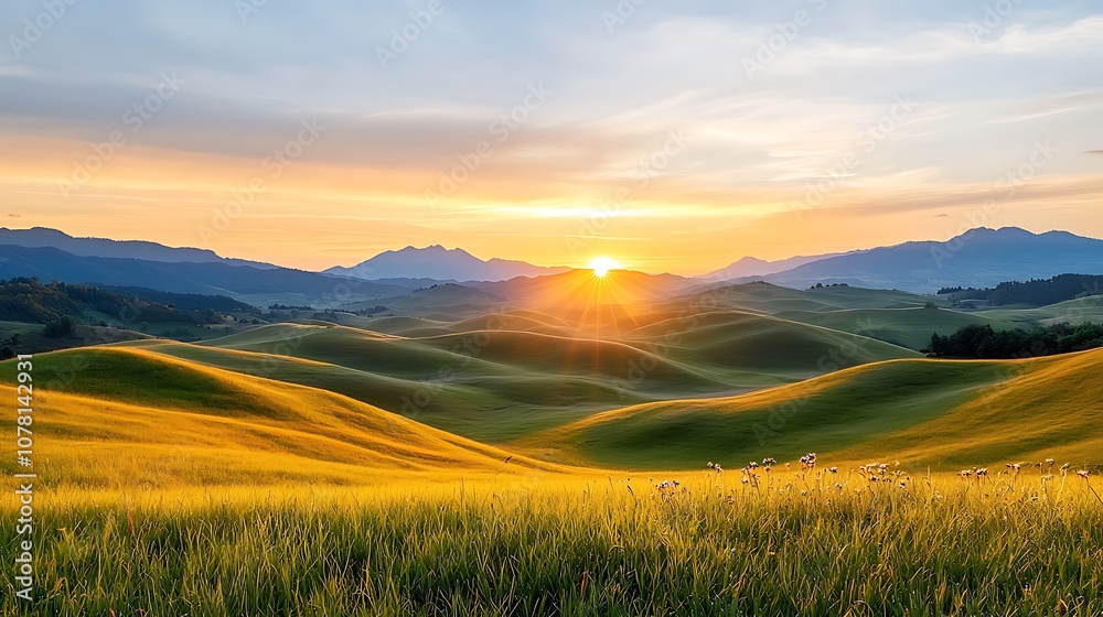 Fototapeta premium The rolling hills were bathed in a warm golden light as the sun dipped below the horizon, casting long shadows and illuminating every blade of grass and wildflower in its path.