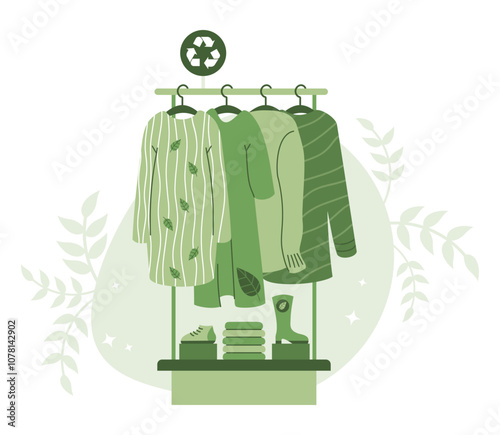 Sustainable Fashion. Eco friendly apparel. Fashionable Eco-conscious attire on hangers, shoes and textile on rack. Vector illustration. Recycle and environmental care concept. Green technologies