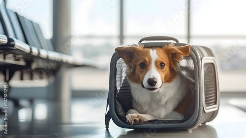 A dog in a travel carrier is depicted enjoying itself at an airport terminal photo