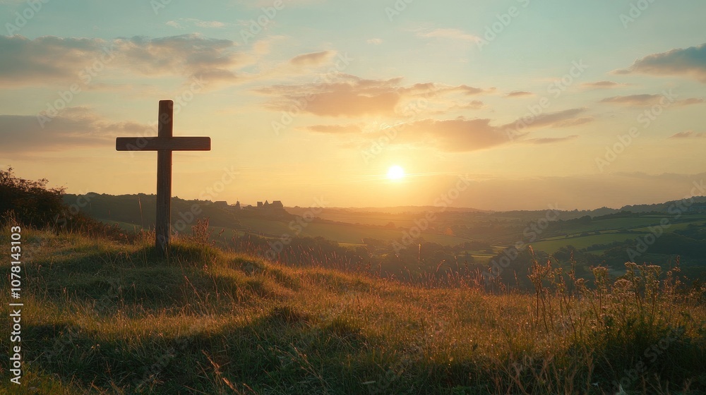 A wooden cross on a hill with a beautiful sunrise behind it, symbolizing Jesus resurrection and victory over death A wooden cross on a hill with a beautiful sunrise behind it, symbolizing Jesus resurrection and victory over death