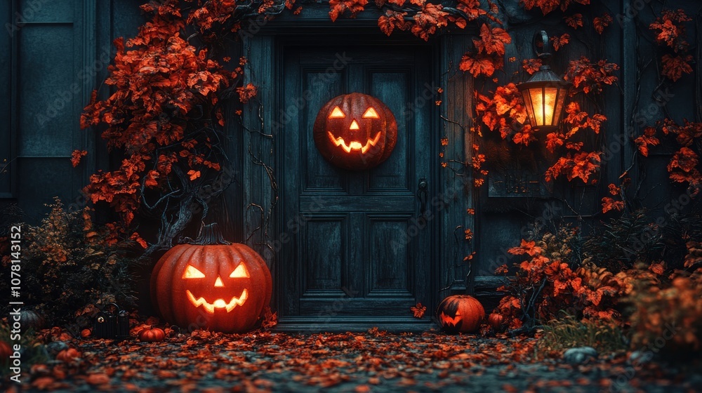 Obraz premium A spooky Halloween scene with carved pumpkins and autumn leaves.