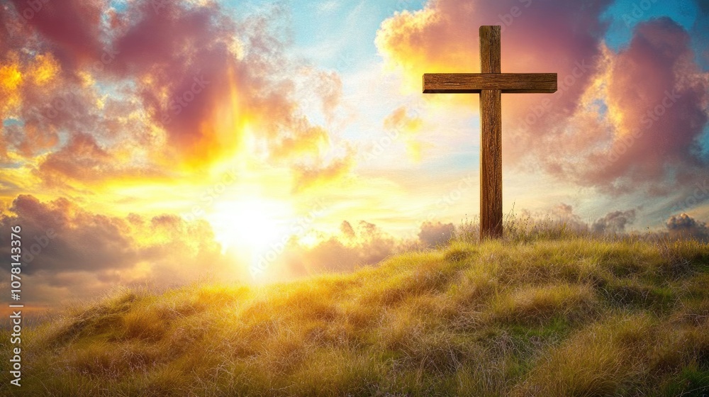 A wooden cross standing tall against a bright sky, embodying the teachings and sacrifice of Jesus A wooden cross standing tall against a bright sky, embodying the teachings and sacrifice of Jesus