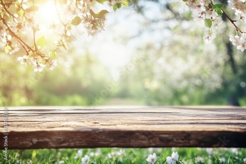 Wooden table top with blurred spring blossom background.