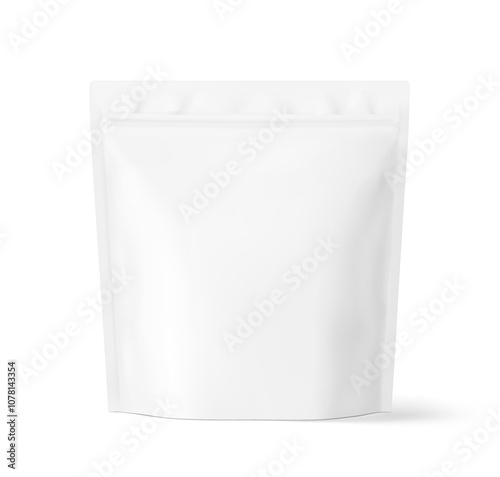 Realistic stand up pouch bag mockup with ziplock and transparent shadow. Front view. Vector illustration isolated on white background. Ready for your design. EPS10.	