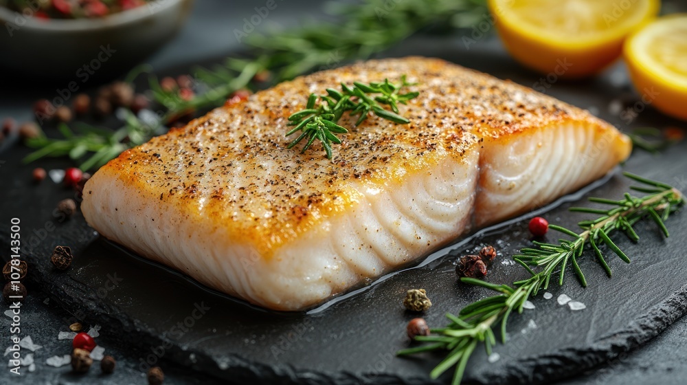 A beautifully cooked salmon fillet garnished with herbs and lemon. A beautifully cooked salmon fillet garnished with herbs and lemon.