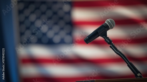 Microphone on stand with blurred American flag in the background. Political event and public speech concept photo