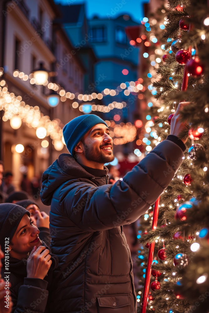 A man and woman decorating a Christmas tree in the middle of a city A man and woman decorating a Christmas tree in the middle of a city