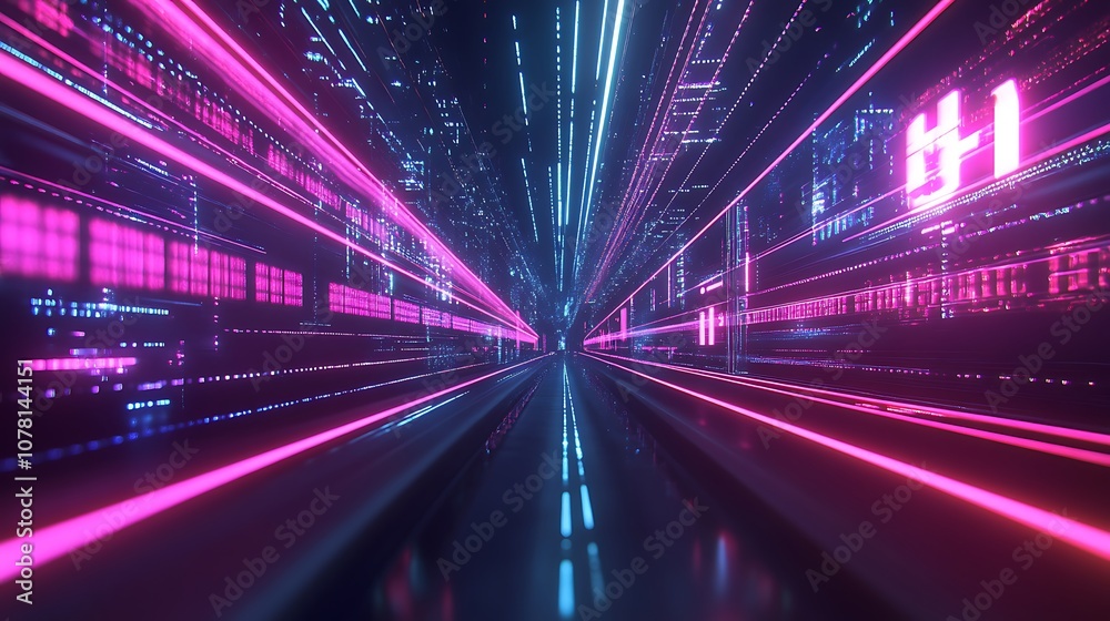 Fototapeta premium A futuristic tunnel with neon lights and digital patterns, suggesting speed and technology.