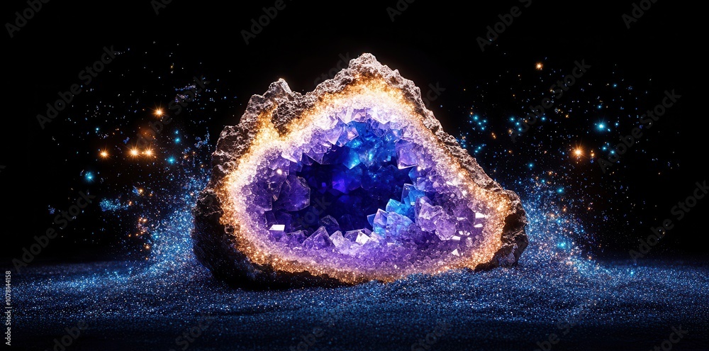 Fototapeta premium Stunning reflective geode surrounded by vibrant crystals, showcasing nature's intricate beauty and unique formations.