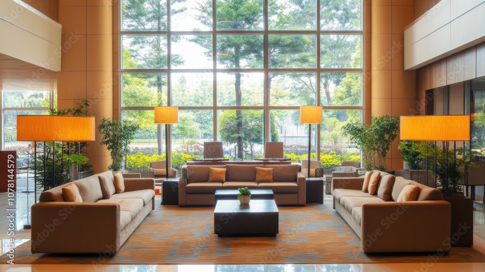 Fototapeta premium Modern hotel lobby with large windows and cozy seating