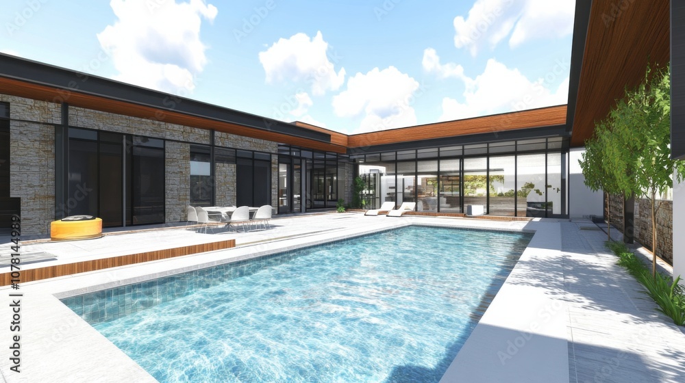 Fototapeta premium Modern house featuring a spacious outdoor pool