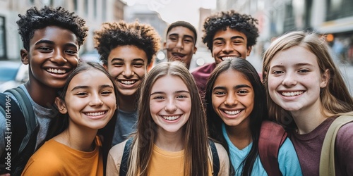 A group of diverse young friends are smiling and having fun on a city street during the summer. They look happy and close, showing the importance of friendship.