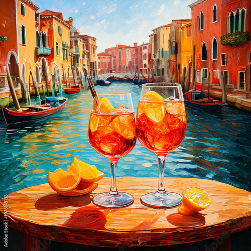 Grand Canal in Venice Italy. Watercolor vector art. italy travel oil painting wall art, drinks in venice, cheers photo