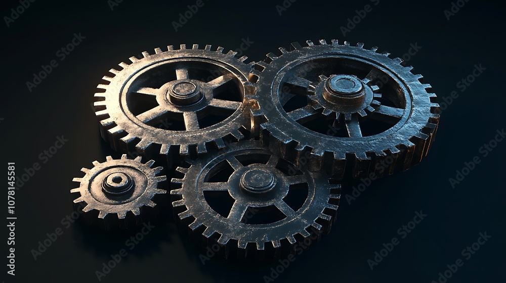 A collection of metallic gears arranged artistically, showcasing industrial design and mechanics. A collection of metallic gears arranged artistically, showcasing industrial design and mechanics.