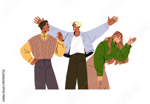Diverse people gesturing to say hello, waving hands. Multiethnic young and adult friends welcoming, greeting together. International friendship. Flat isolated vector illustration on white background