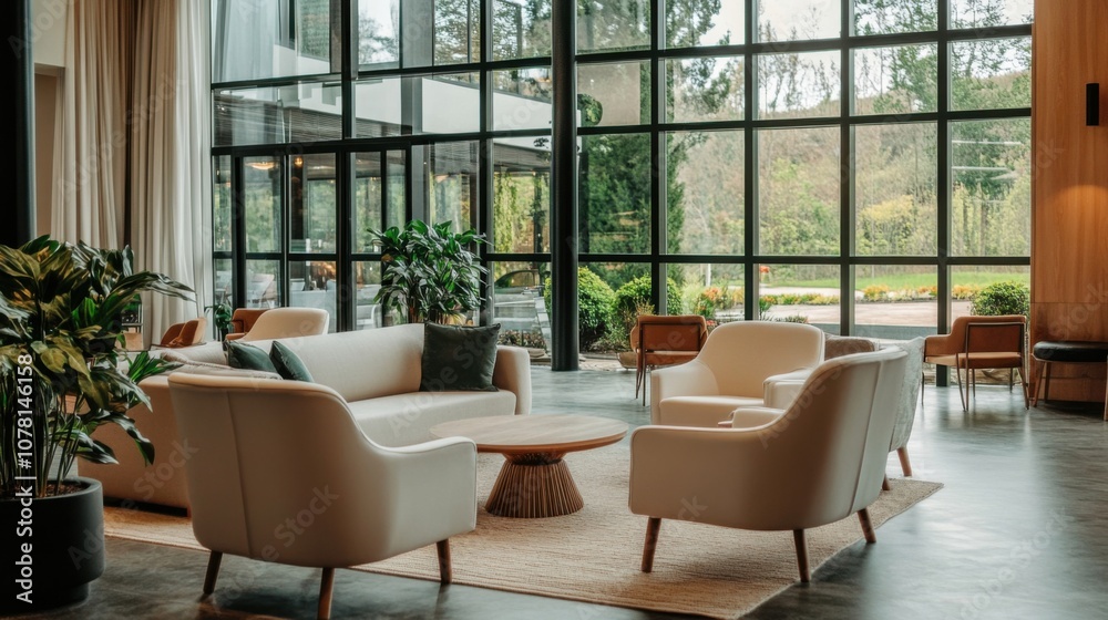 Modern hotel lobby with large windows and cozy seating Modern hotel lobby with large windows and cozy seating
