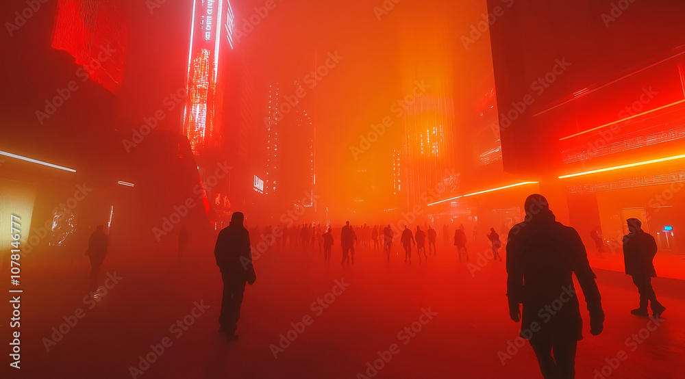 Obraz premium People walk through a city street at night, illuminated by red neon lights, creating an ethereal glow