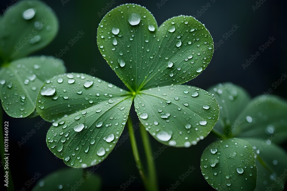 A close-up of a green shamrock with raindrops detailed texture on each leaf, AI Generated A close-up of a green shamrock with raindrops detailed texture on each leaf, AI Generated