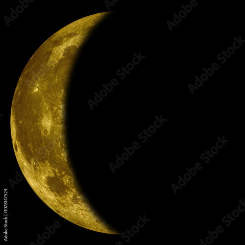 Fototapeta Naklejka Na Ścianę i Meble -  Waning Crescent Yellow or Gold Color (Moon Phase) - isolated black background, 