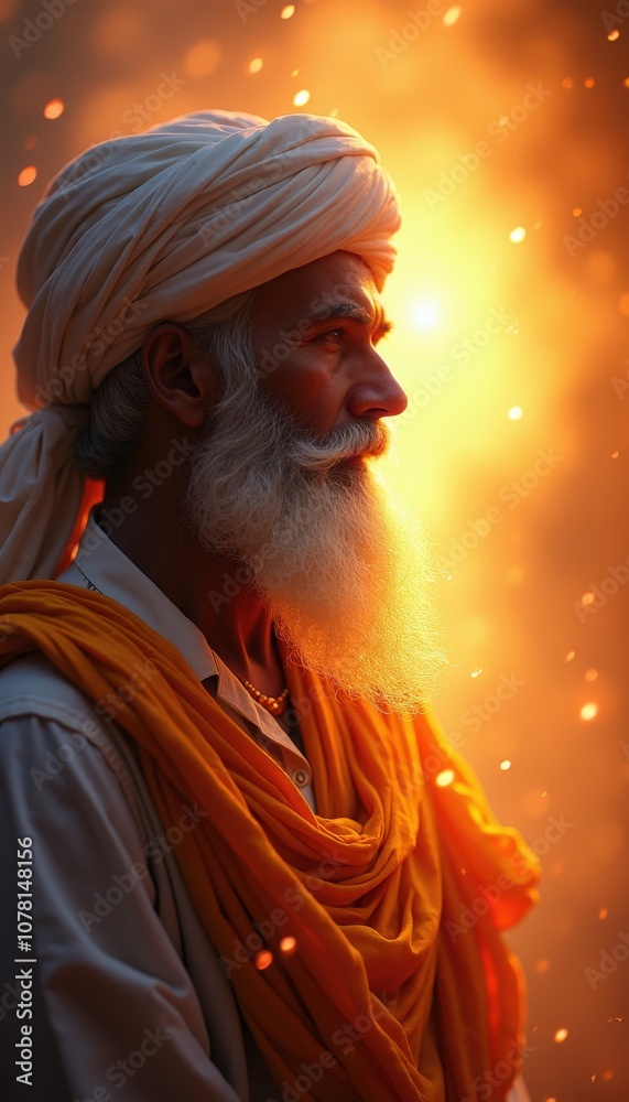 Artistic portrayal of Guru Nanak Dev Ji in radiant abstract light capturing the essence of spirituality and divine teachings Artistic portrayal of Guru Nanak Dev Ji in radiant abstract light capturing the essence of spirituality and divine teachings