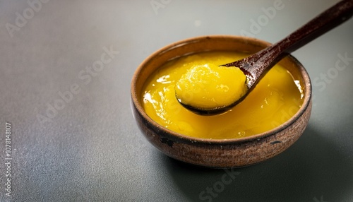 Ghee or clarified butter in a ceramic bowl, spoon full of yellow ghee. ai generated