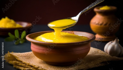 Ghee or clarified butter in a ceramic bowl, spoon full of yellow ghee. ai generated