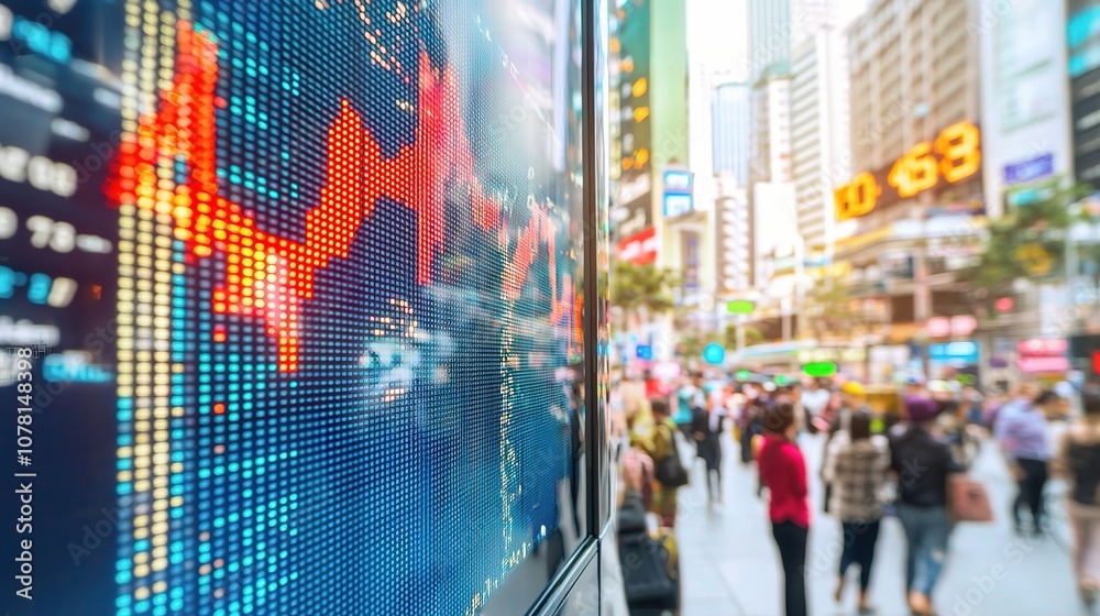 Dynamic Stock Market Trends Displayed on Digital Board in Urban Setting with Busy Pedestrians and Financial Data Visualizations in High-Resolution Imaging Dynamic Stock Market Trends Displayed on Digital Board in Urban Setting with Busy Pedestrians and Financial Data Visualizations in High-Resolution Imaging