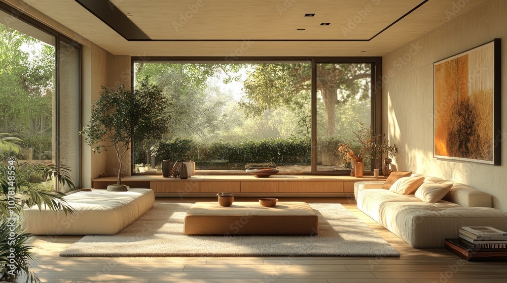 Bright, modern living room with large windows and natural decor.