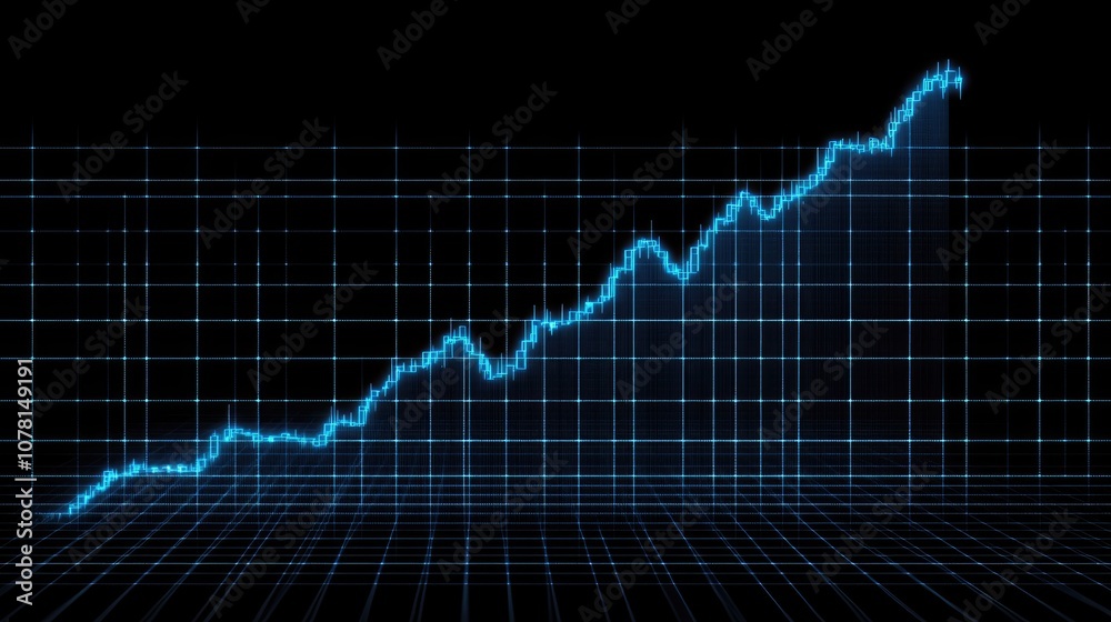 A glowing blue line graph shows a steady upward trend against a black grid background. A glowing blue line graph shows a steady upward trend against a black grid background.