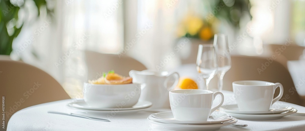 A table with a white tablecloth and a variety of white dishes, including bowls A table with a white tablecloth and a variety of white dishes, including bowls