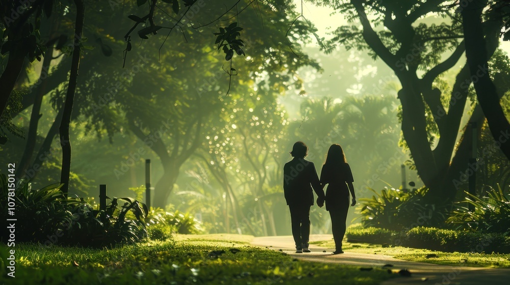 A couple strolls together amidst tall trees in a vibrant park. Take A Walk Outdoors Day A couple strolls together amidst tall trees in a vibrant park. Take A Walk Outdoors Day