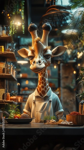 A cartoon giraffe dressed as a chef stands in a kitchen, preparing food. photo