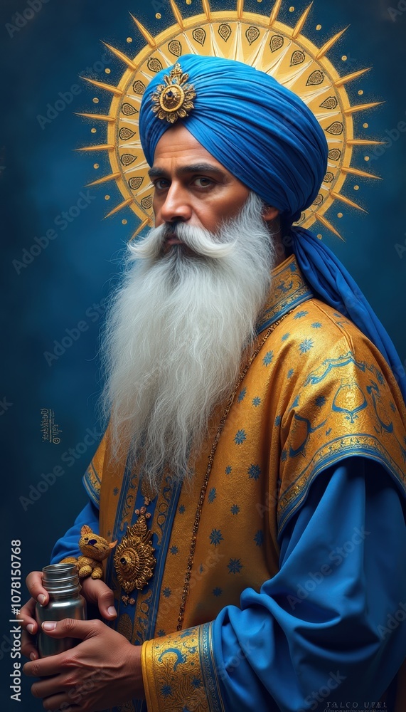 Elegant artwork of Guru Nanak Dev Ji in blue and gold capturing divine essence and spirituality Elegant artwork of Guru Nanak Dev Ji in blue and gold capturing divine essence and spirituality
